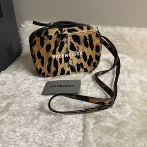 Balenciaga Calfskin Printed Leopard XS Everyday Camera Bag Beige White